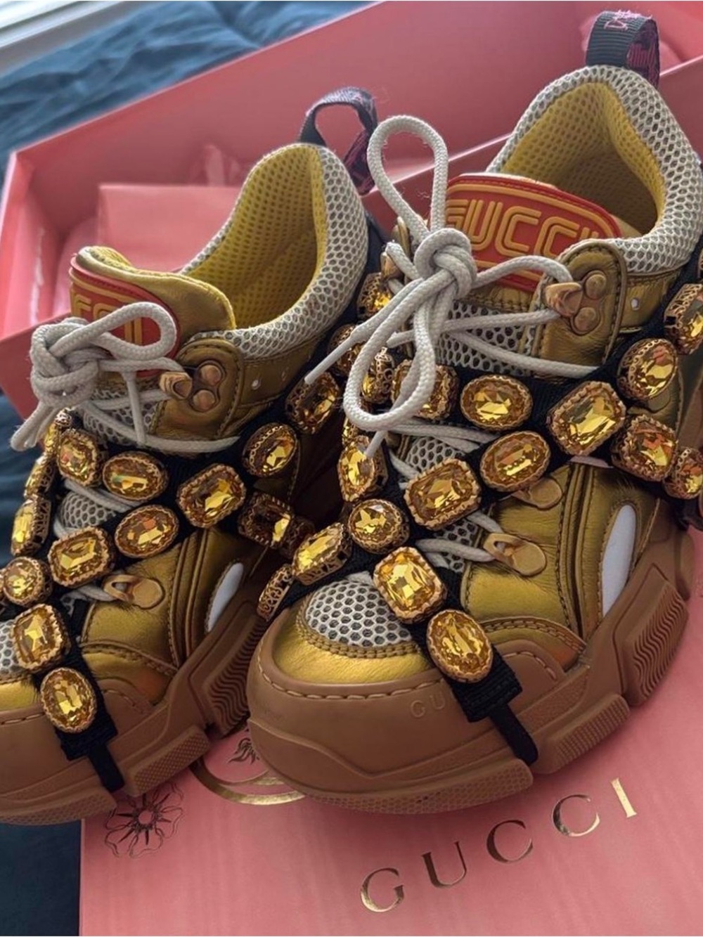 Gucci flashstrek Chunky Ribbed Sole Sneakers with Black jeweled  straps in box.